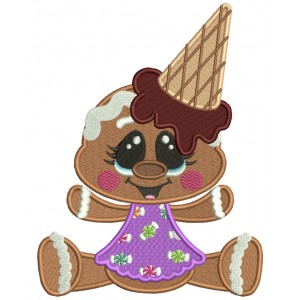 Gingerbread Girl With Ice Cream Cone On Her Head Filled Machine Embroidery Digitized Design Pattern